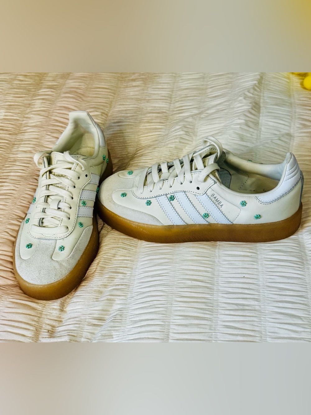Adidas White Leather Samba Platform Sneakers with Green Floral Flowers